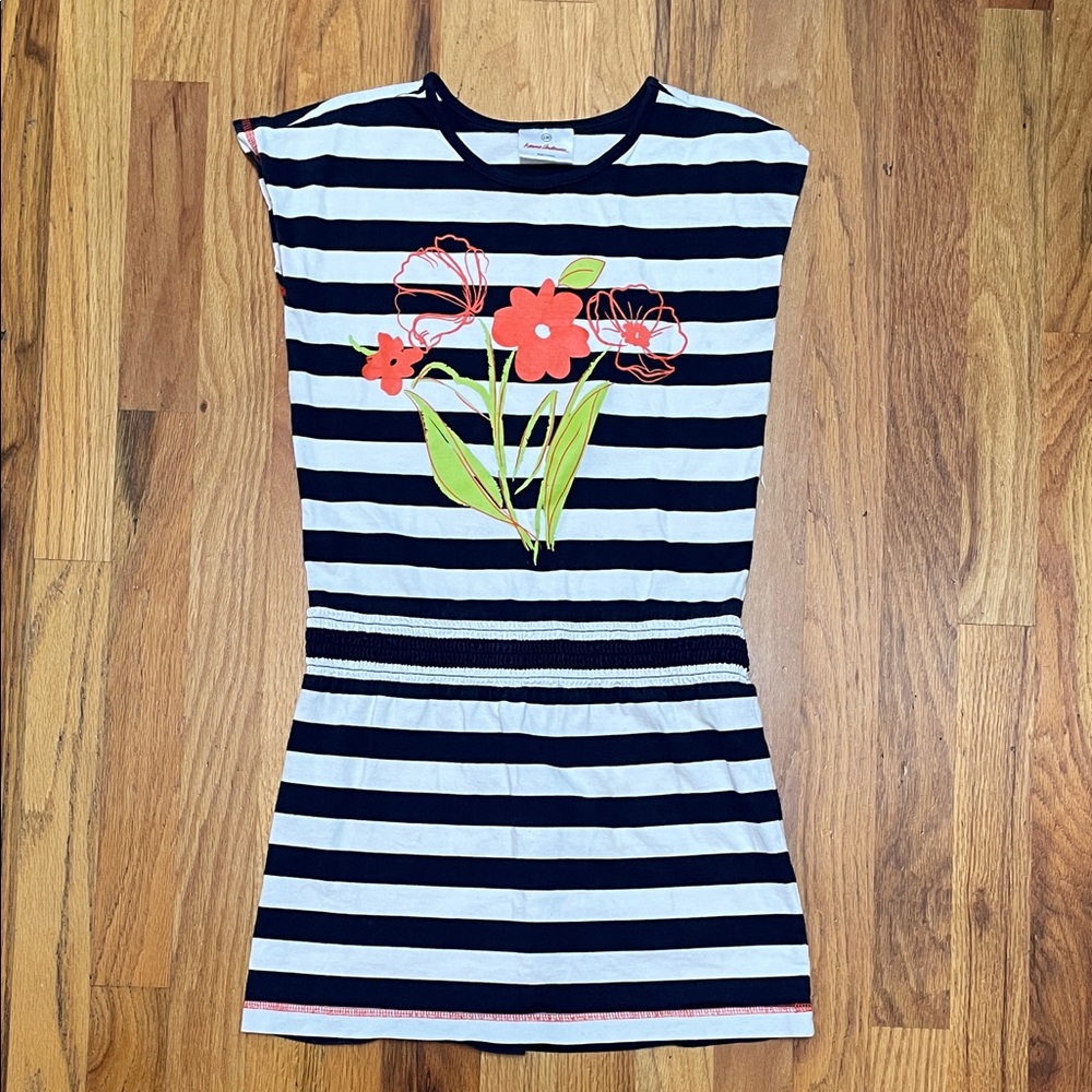Hanna Andersson Navy and White Striped Dress with Floral Accents